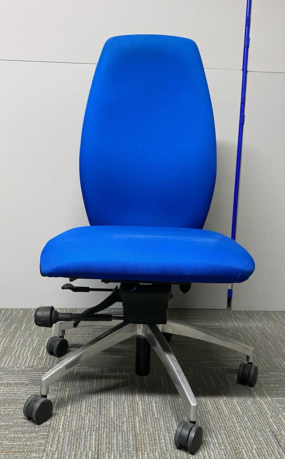 Second Hand Blue Operators Chair With Chrome Five Star Base Fully Loaded With Ratchet Back And Lumbar