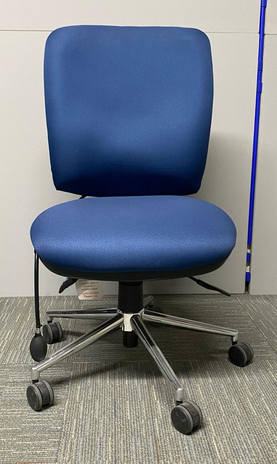 Second Hand Blue Operators Chair With Chrome Five Star Base Fully Loaded Lumber & Ratchet Back