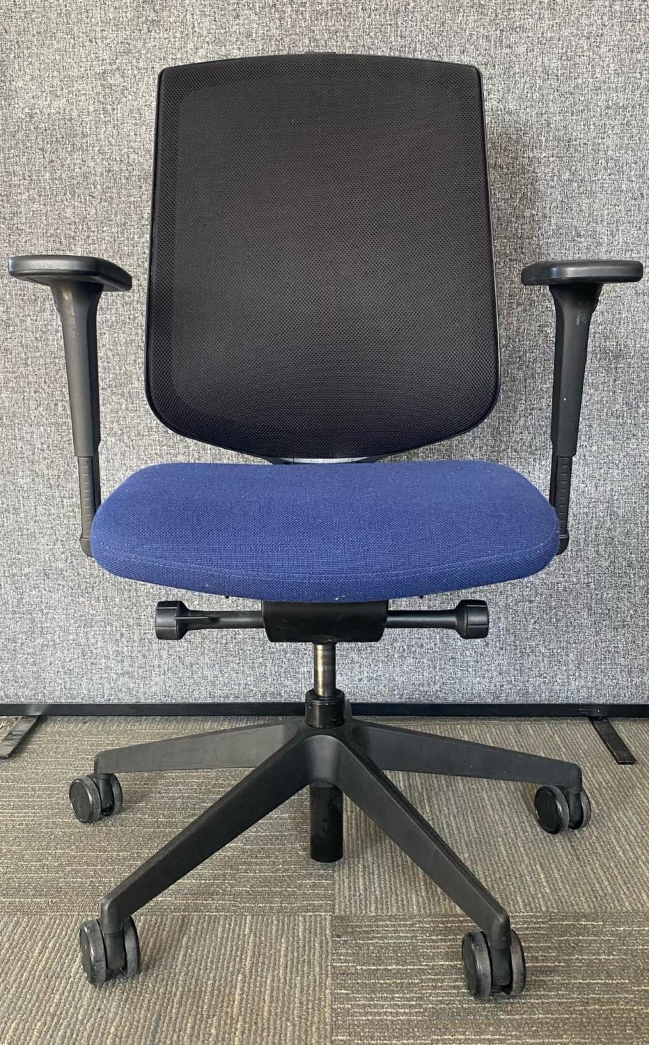 Second Hand Operators Chair Black Mesh Back With Blue Fabric Seat Adjustable With Arms