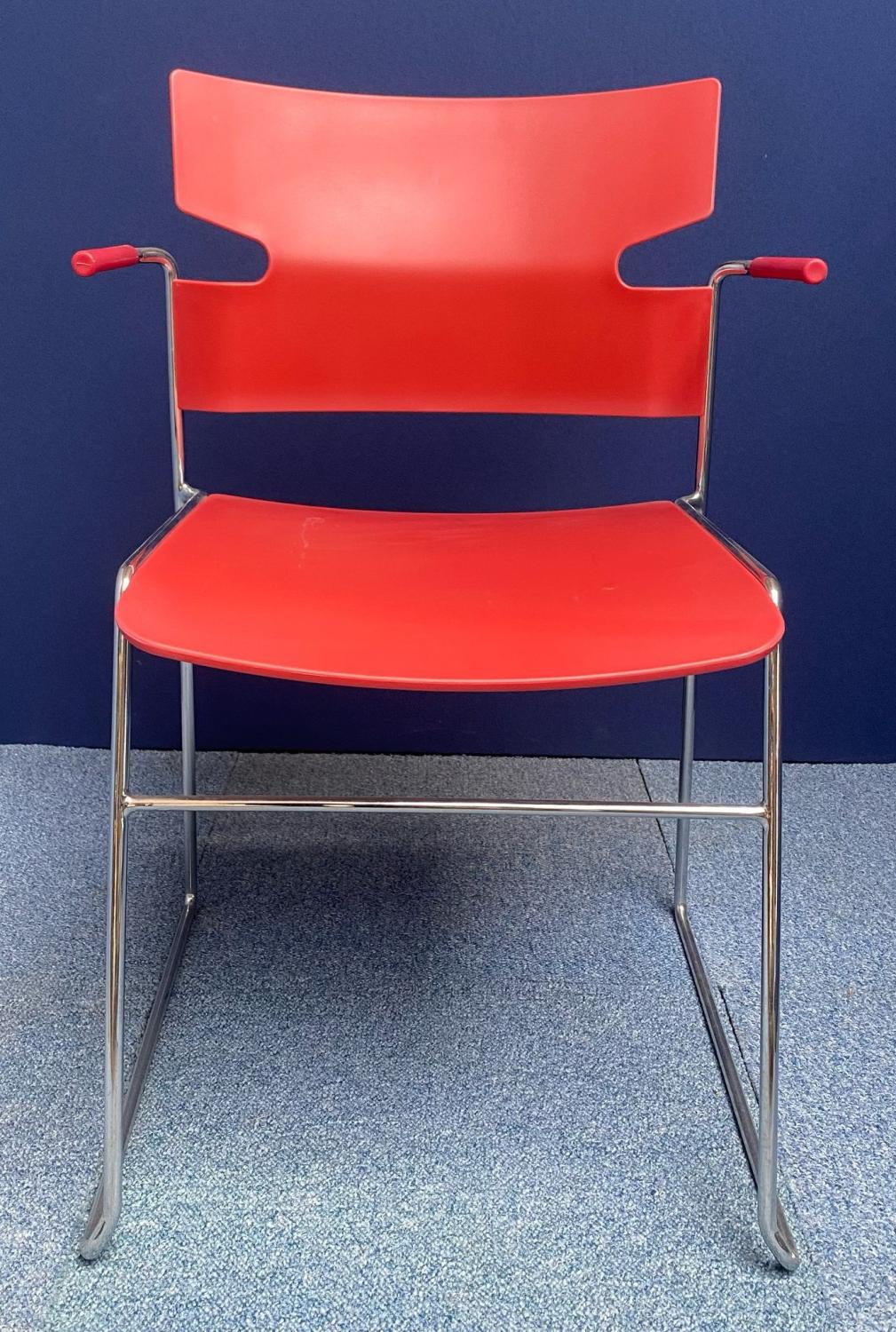 Second Hand Materia Red Stacking Meeting Chair Plastic Seat Chrome Frame Arms