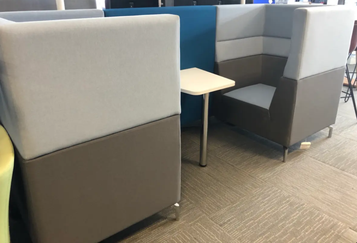 Second Hand Grey and Blue Two Person Meeting Pod with White Table