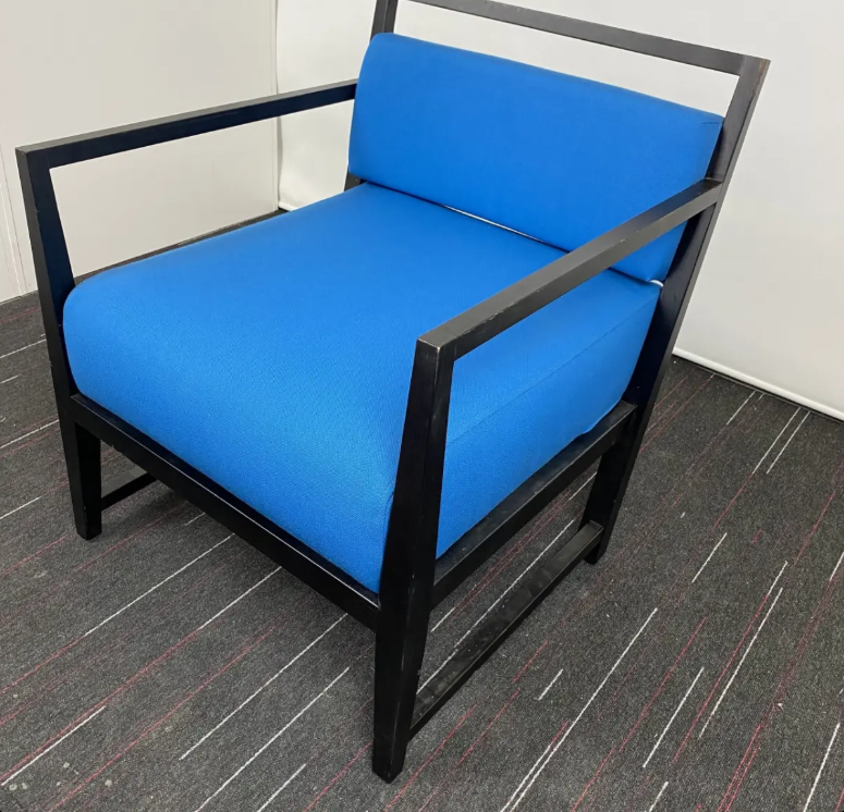 Second Hand Blue Low Reception Chair with Black Steel Frame