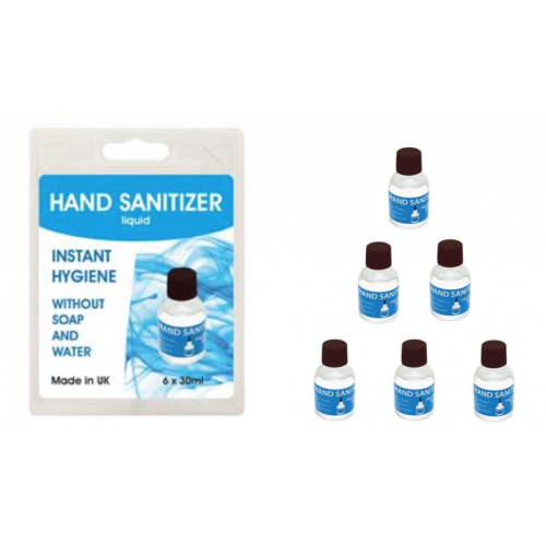 Pack (6) Liquid Hand Sanitiser - 30ml Bottles - 70% Alcohol