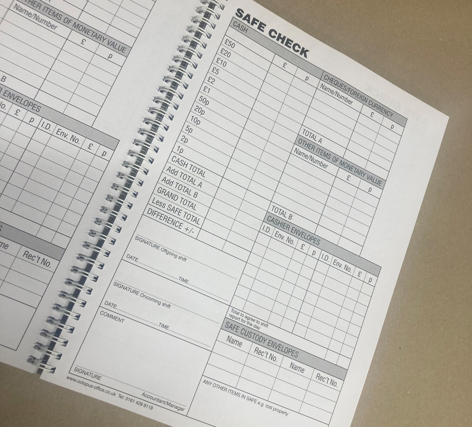 Float Check Book, Safe Check, Cash Balance Book Octopus UK