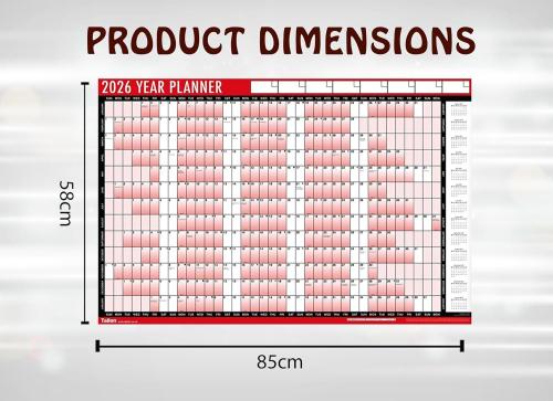 BPYPU26 | Office Year Planner Unmounted 2026 850x580mm (includes Stickers & Pen)Year to viewWrite on, wipe off laminated surfaceIncludes January 2027 for advanced planningUnmountedWeek numbers are marked for referenceDimensions: 855 x 610mm