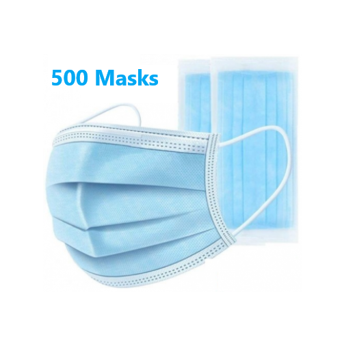 500 Face Protection Masks 3 Ply Disposable (Box of 50 x 10 Boxes = 500 MASKS)