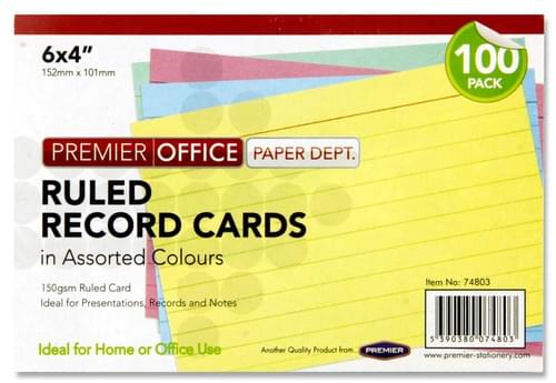 Premier Office Pack of 100 6"X4" Ruled Record Cards - Colour