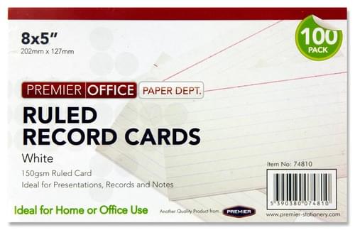 Premier Office Pack of 100 8"X5" Ruled Record Cards - White