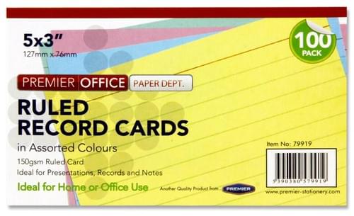 Premier Office Pack of 100 5"X3" Ruled Record Cards - Colour