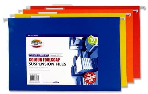 Premier Office Pack of 10 Foolscap Suspension Files - Coloured