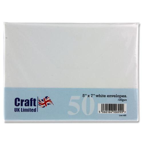 Craft Pack of 50 5"X7" 100Gsm Envelopes - White