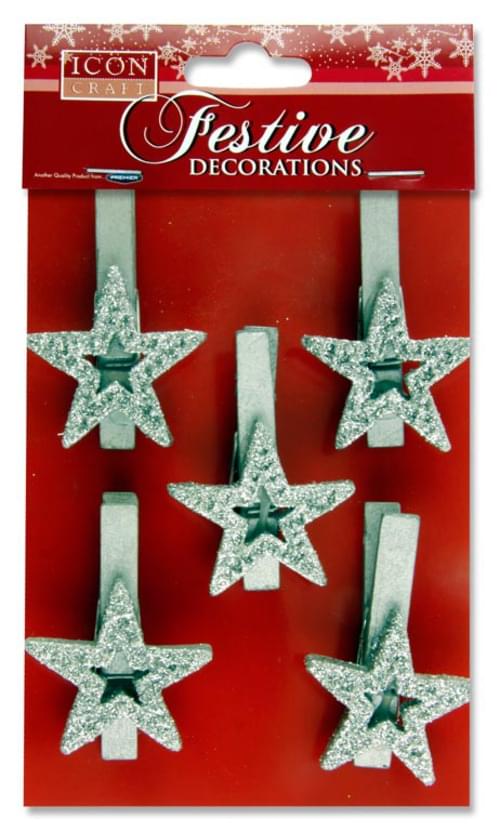 Icon Craft Pack of 5 Festive Peg Decorations - Star Silver