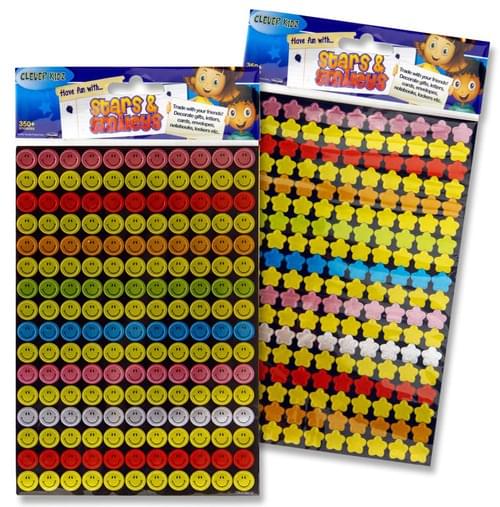 Clever Kidz Pack of 350 Stars & Smileys Stickers 2 Asst.