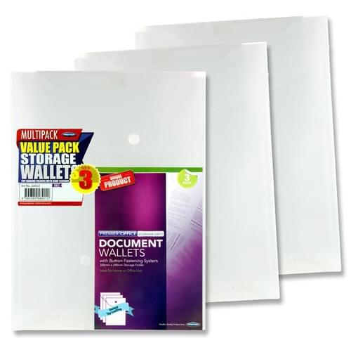 Premier Office Pack of 3 A4 Upright My Clear Bag Document Wallets - Clear