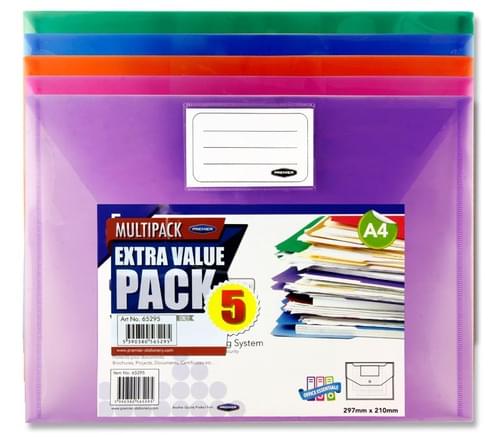 Premier Office Pack of 5 A4 My Clear Bag Button Wallets - Coloured