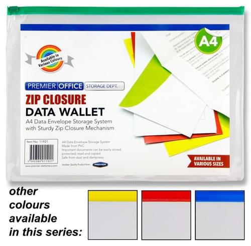 Premier Office A4 Data Envelope W/Zipper 4 Colours Available.
