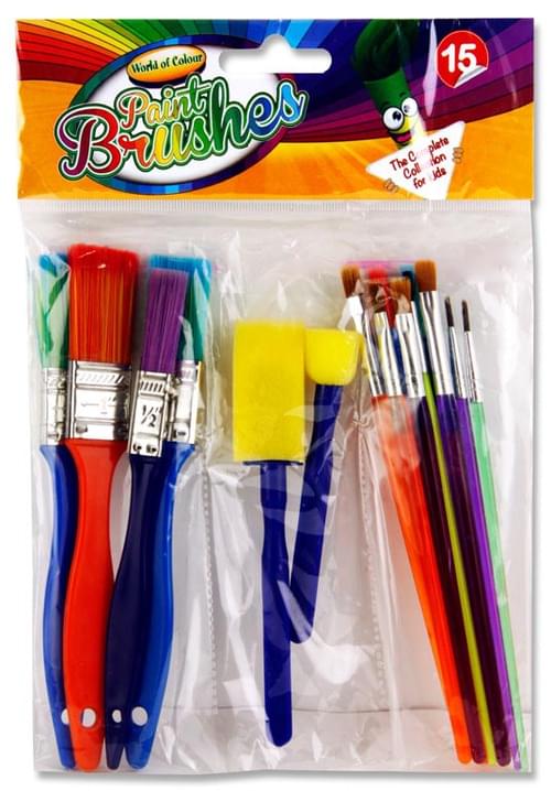 Woc Pack of 15 Colourful Paint Brushes & Sponges Set