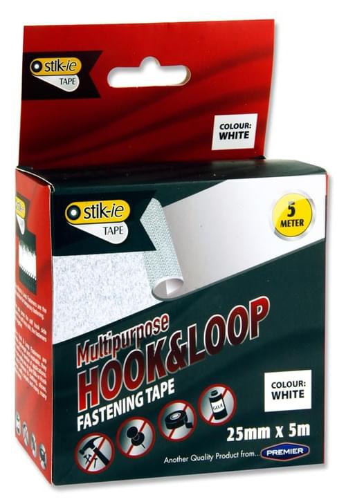 Stik-Ie 5M X 25Mm Roll Multipurpose Hook & Loop Fastening Tape - White
