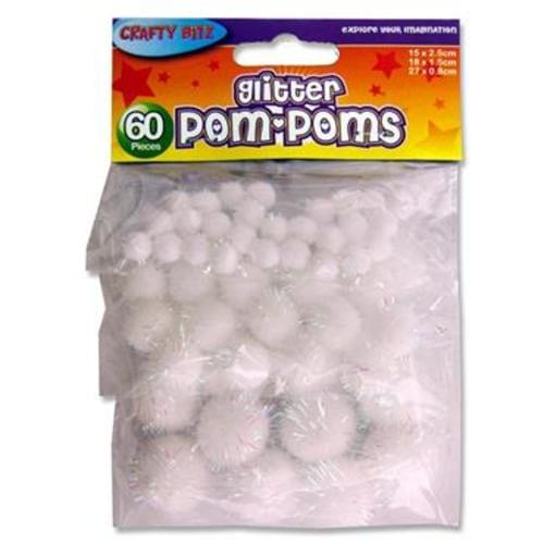 CRAFTY BITZ PKT.60 GLITTER POM POMS - WHITE