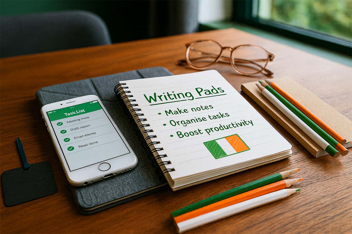 Writing Pads and Task List on Desk - Irish Office Workspace Spiral writing pad open on a wooden office desk with notes about productivity, three pencils in the colours of the Irish flag, a smartphone showing a task list, and glasses near a window in an Irish office setting.