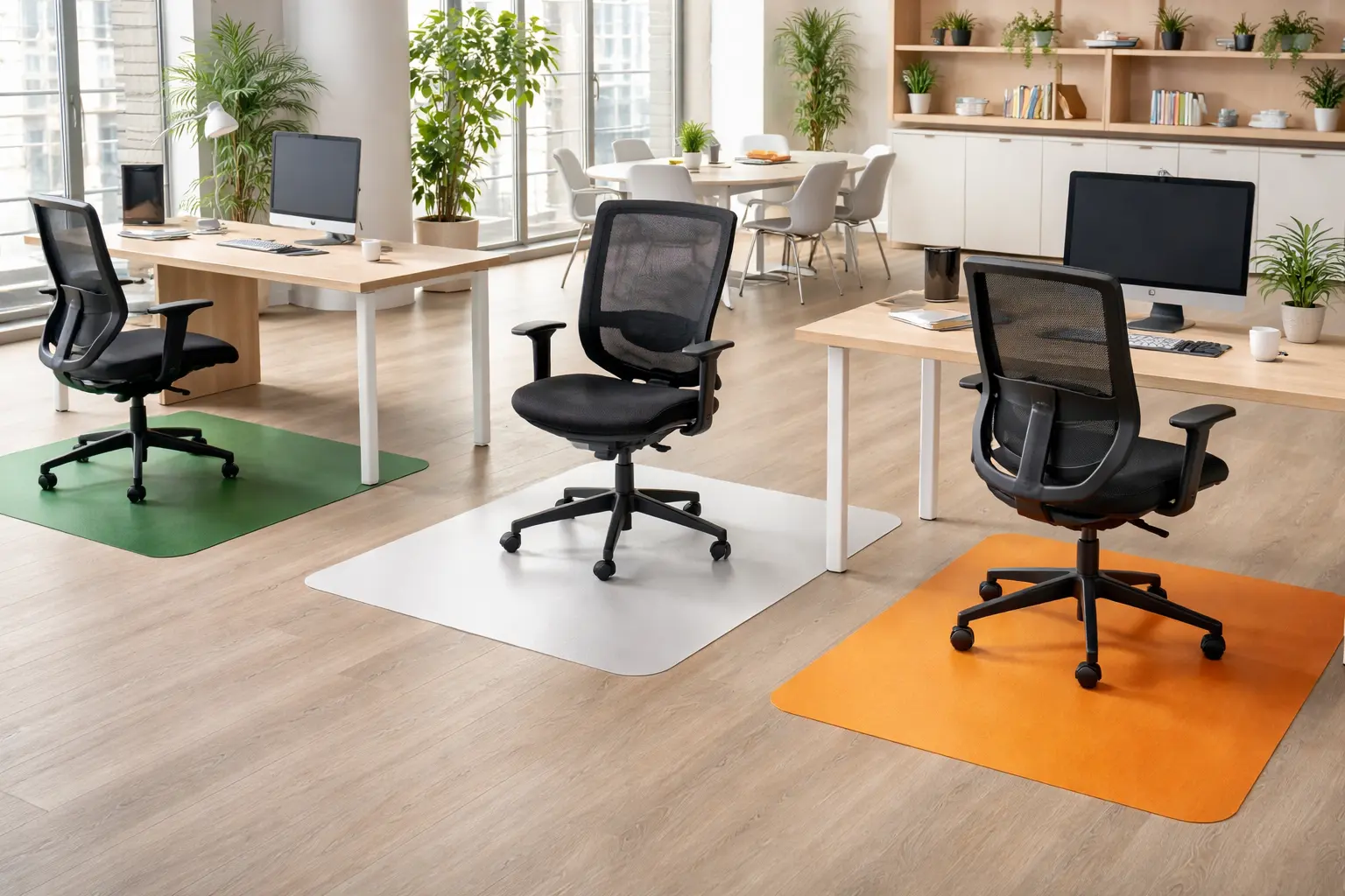 Three Chair Mats in the style of the Irish flag on the floor of a modern, bespoke office