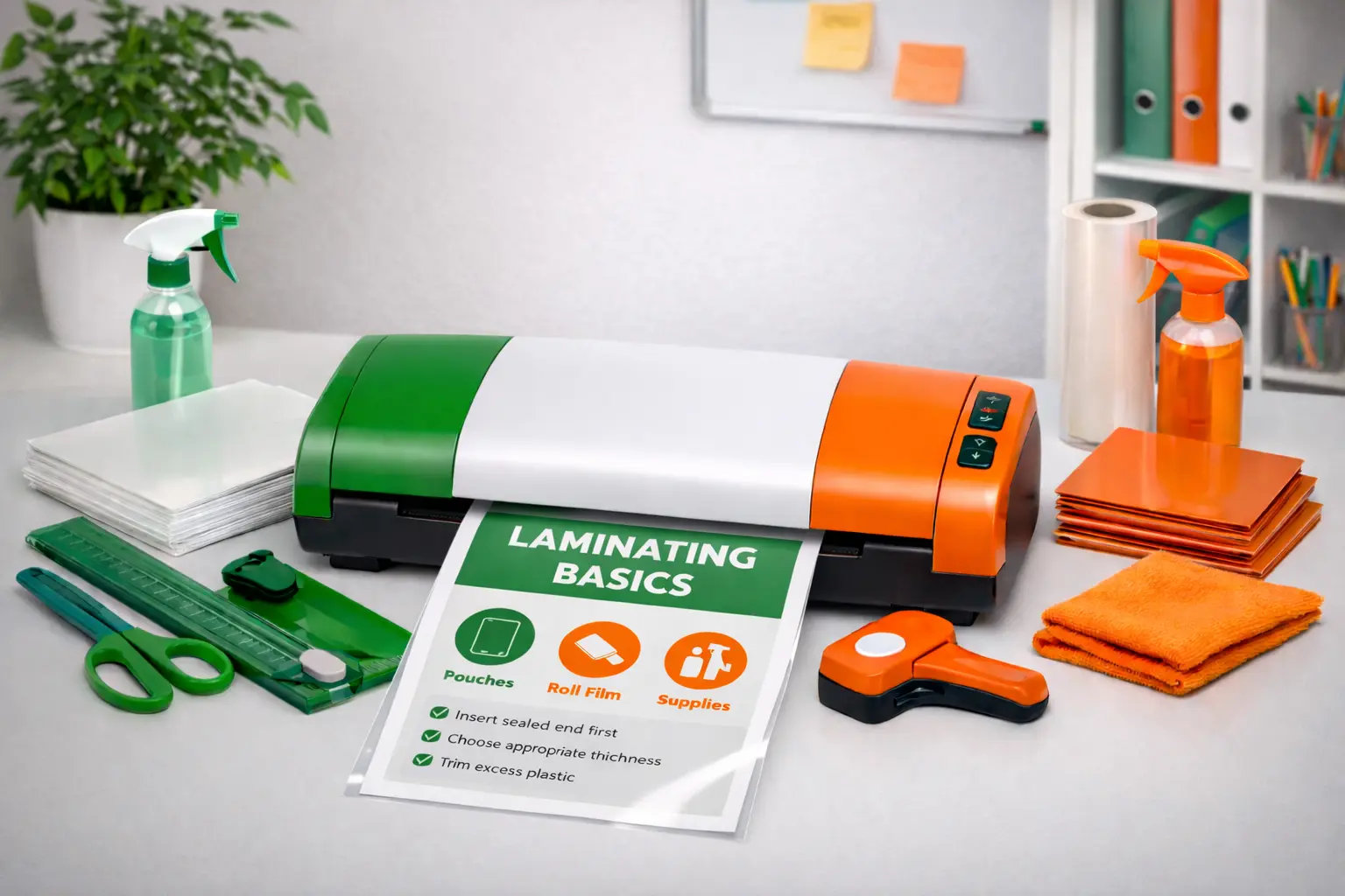 Office laminator laminating a poster about laminating with pouches, roll film and office supplies on a desk