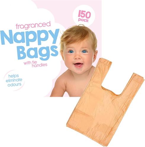 150 Coloured Nappy Bags with Tie Handles, Fragranced for Eliminating Odours, Durable and Leak-proof, Light-weight and Perfect for Babies Travel Bags