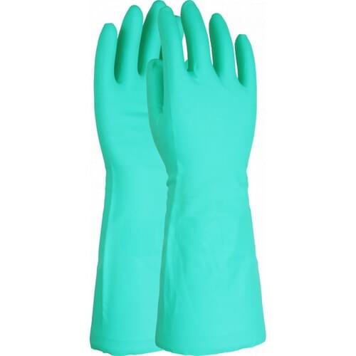 Premium green chemical resistant 16 inch flock lined nitrile gauntlet, Size 8