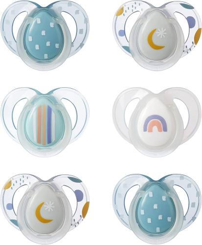 Tommee Tippee Nighttime Soothers, 6-18m, 6 Pack, Glow in The Dark, Varied Colours and Designs, Symmetrical Orthodontic Dummy, BPA-Free Silicone Baby Teat
