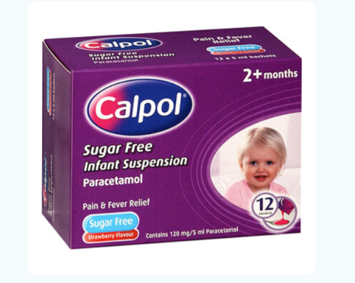 Calpol 120mg/5ml Sugar Free Infant Sachets Oral Suspension Strawberry Flavour 2+ Months 12  Sachets