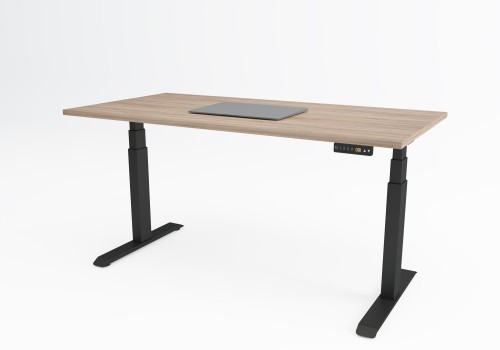Flexible Electrical Sit Stand Desk - 1600 x 800 Desk Oak Scallop Top & Electrically Height Adjustable Black Frame