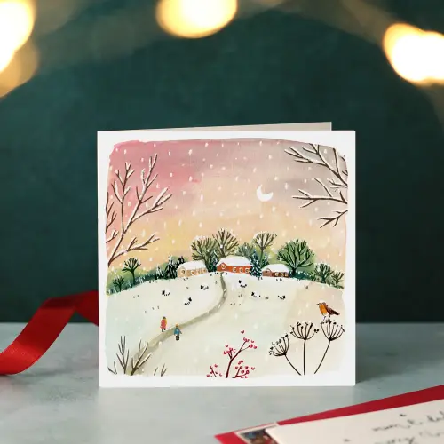 Louise Mulgrew Red Sky Winter Scene Blank Christmas Card