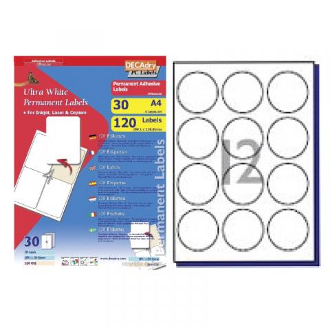 Decadry Multipurpose Round 60mm White Labels - 12 per sheet