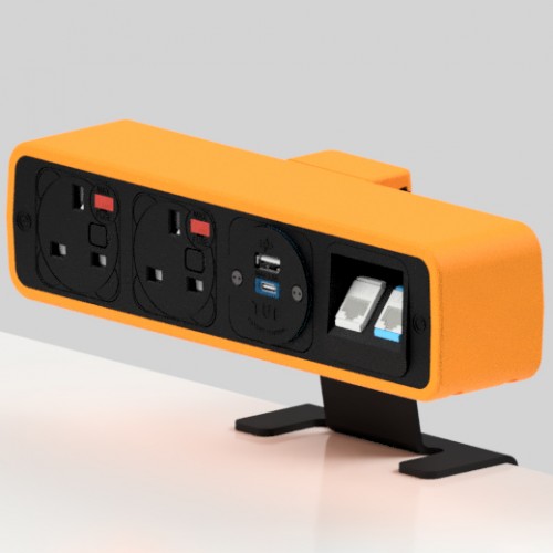 Pulse 2 x UK FUSED socket, 1 x TUF-R (USB A+ USB C), 2 x RJ45 Cat6 LAN Socket On-Surface Power and Data Module - Black/Orange