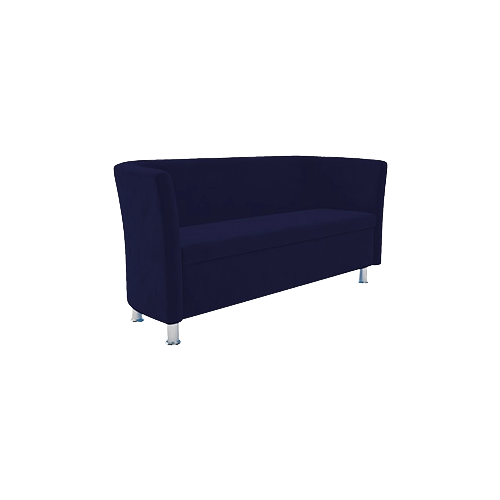 Three Seat Sofa – Dark Blue Fabric Upholstery, Closed Front Design, Chrome Feet