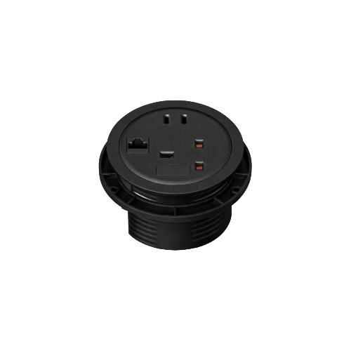Black – UK Socket 3.15A Fused, 1 x twin 65W Type C Charger, 1m mains lead to 3-pole connector