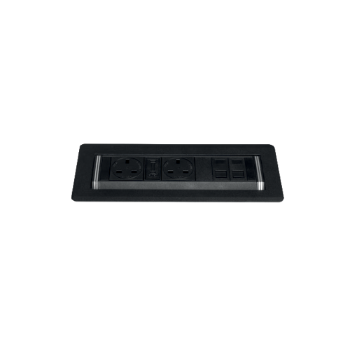 Black – Rotadock LARGE 4 x power, 1 x twin USB A+C, 4 x blank keystones, 0.5m mains lead to 3 pole GST (cut-out 405mm x 115mm)