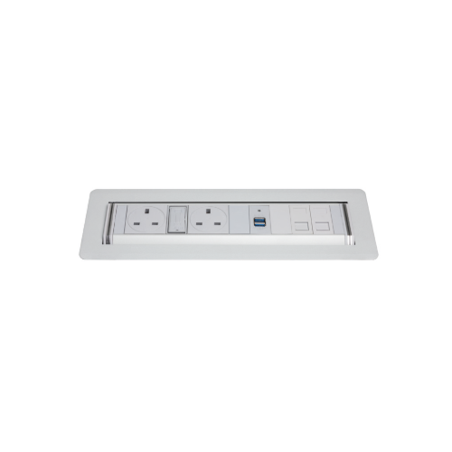 White – Rotadock LARGE 4 x power, 1 x twin USB A+C, 4 x blank keystones, 0.5m mains lead to 3 pole GST (cut-out 405mm x 115mm)