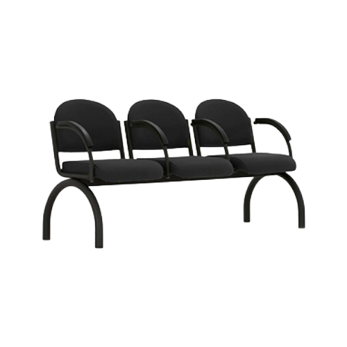 Three Seat Beam Bench with Arms – Black Vinyl Upholstery, Black Metal Frame