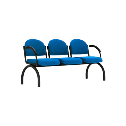 Three Seat Beam Bench with Arms – Blue Vinyl Upholstery, Black Metal Frame