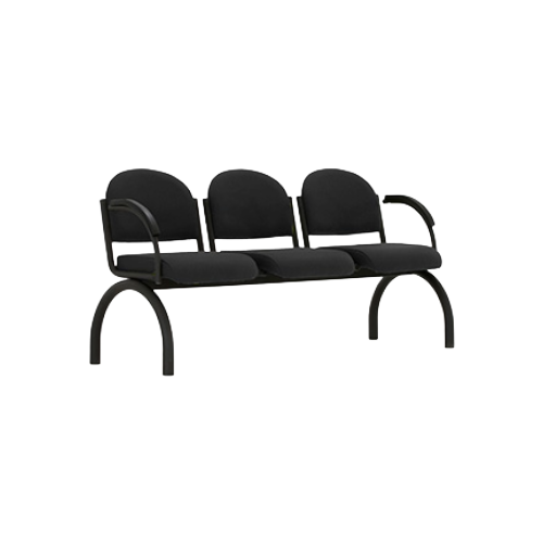 Three Seat Beam Bench with Arms – Black Fabric Upholstery, Black Metal Frame