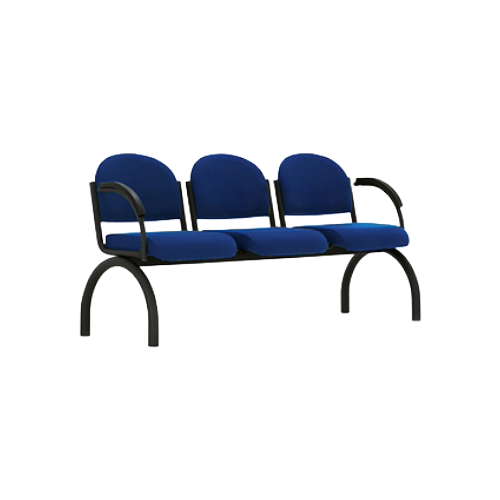 Three Seat Beam Bench with Arms – Blue Fabric Upholstery, Black Metal Frame
