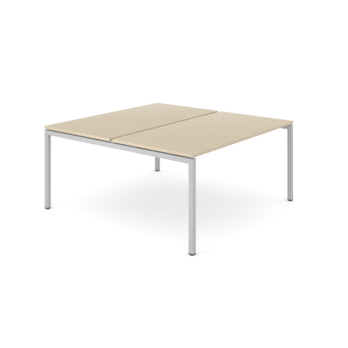 2 Person Starter Bench Desk Back to Back, 1400mm wide x 1600mm deep x 740mm high, Beech MFC Tops, Silver Frame