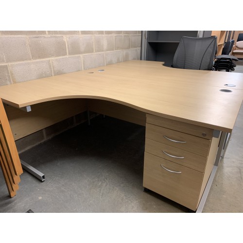Crescent Desk & Mobile Pedestal, In Oak Finish. 1800mm Width x 1200mm Depth. 4 Left & 1 Right-Hand In Stock