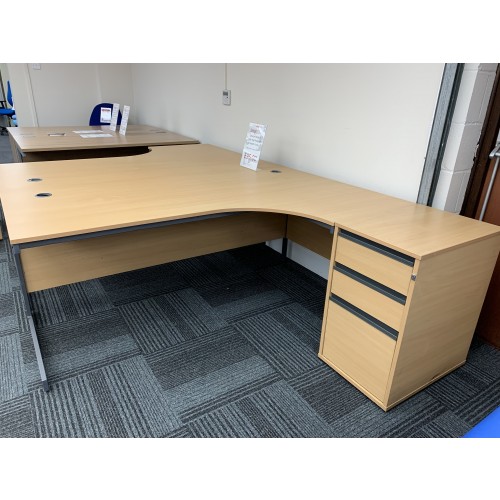 Crescent Desk & Desk High Pedestal, In Beech Finish - 1800mm Width x 1175mm Depth. 1 Left-Hand In Stock