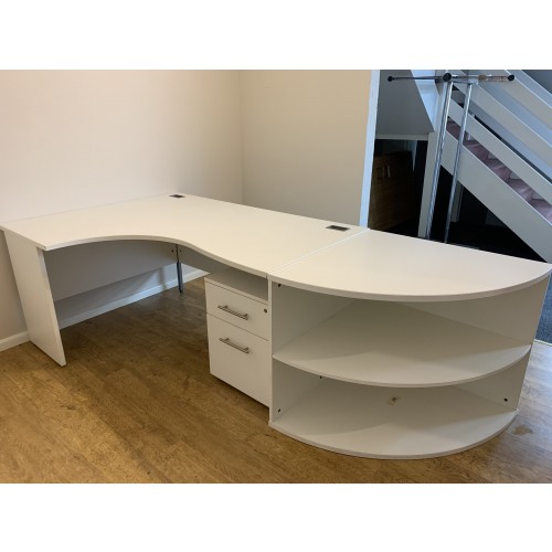 Crescent Desk, Mobile Pedestal & Credenza Storage Unit, In White Finish. 2400mm Total Width x 1200mm Depth. 1 Left-Hand In Stock