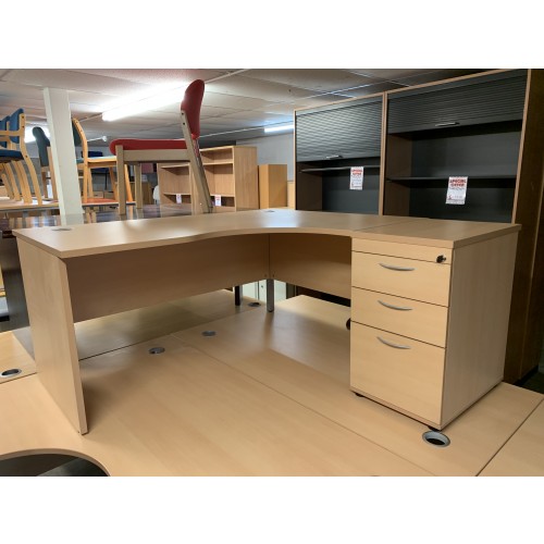 Crescent Desk & Desk High Pedestal, In Light Beech Finish - 1600mm Width x 1200mm Depth. 1 In Stock