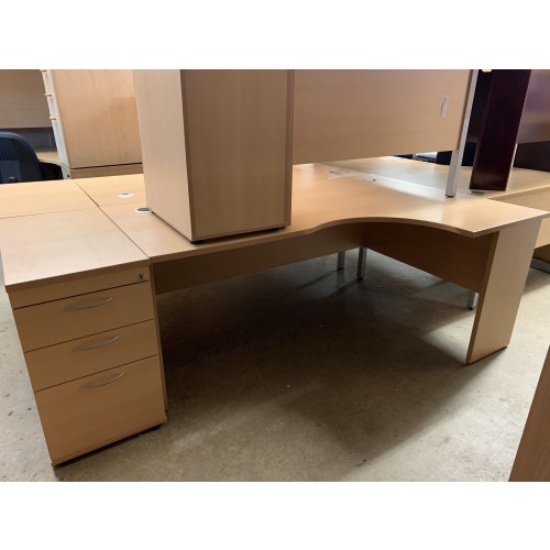 Crescent Desk & Desk High (800mm Depth) Pedestal, In Light Beech Finish - 1800mm Width x 1200mm Depth. 1 Right-Hand In Stock