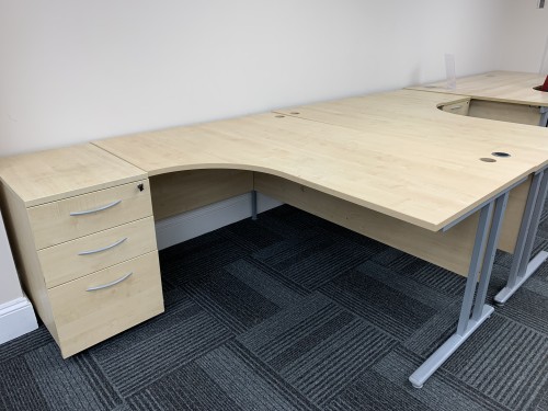 Crescent Desk & Desk High Pedestal, In Maple Finish - 1800mm Width x 1200mm Depth. 1 Left-Hand In Stock