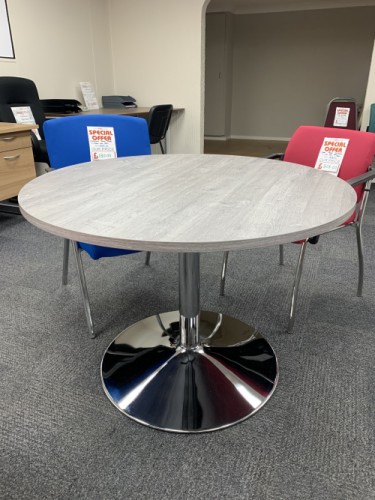 (NEW - Cancelled Order) Meeting Table, With Chrome Trumpet Base, 1000mm Diameter - Grey Oak Finish. 1 In Stock